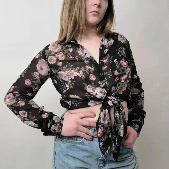 Pastel Black & Pink Floral Mesh Tie Front Coverup Blouse - S - Picture 6 of 9